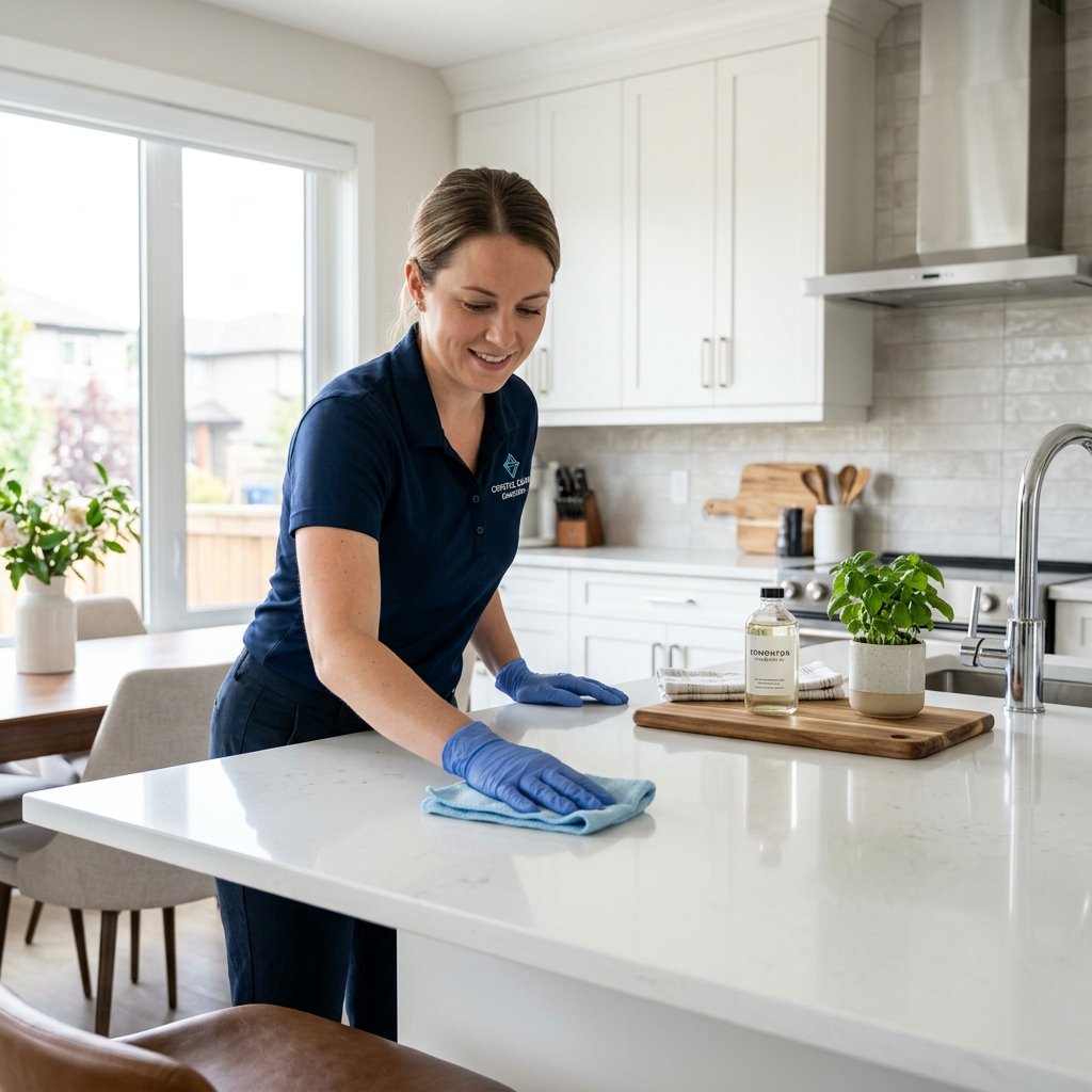 Cleaning team member wiping a pristine countertop in Edmonton