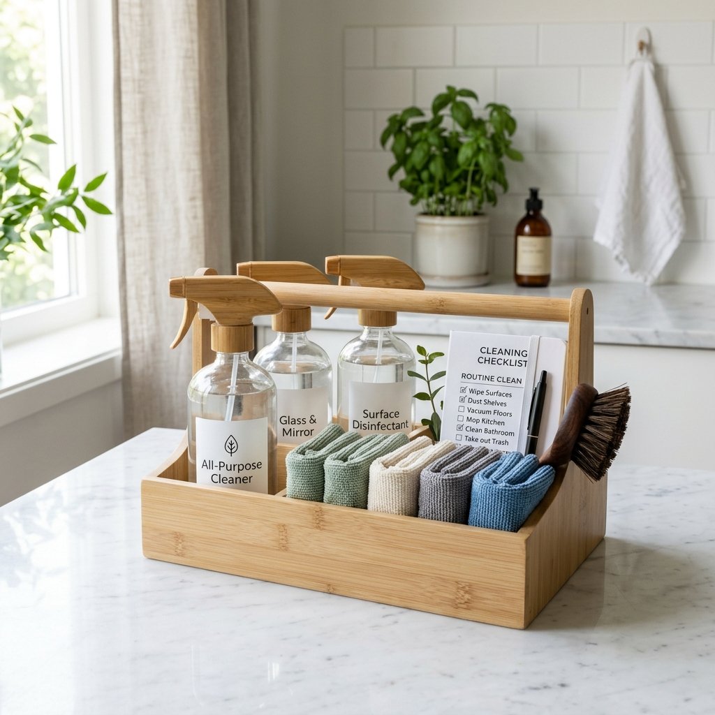 Organized eco-friendly cleaning caddy and task list