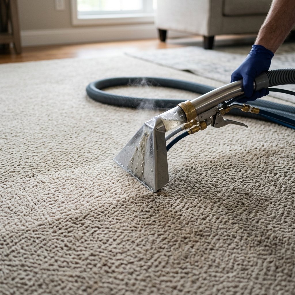 Hot water extraction carpet cleaning in progress