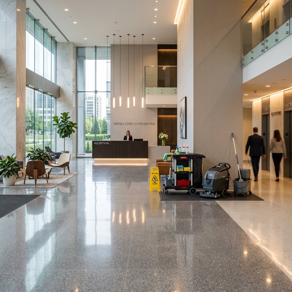 Janitorial cleaning equipment in commercial lobby